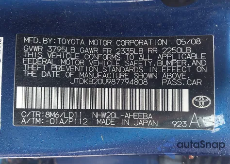2008 Toyota Prius Touring z USA, uszkodzony, nr VIN JTDKB20U987794808